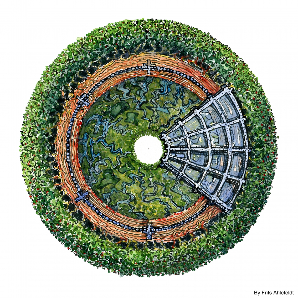 Drawing of an cirkular extreme sustainable eco house